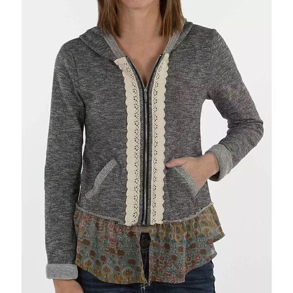 Gray Zip Hoodie With Lace & Floral Trim S - Picture 3 of 4